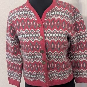 Vintage Lambswool Fair Isle Alpine Trachten Cardigan Heraldic Metal Buttons